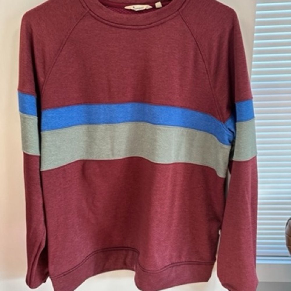 Cotopaxi Maroon Sweatshirt with Blue and Gray Stripes